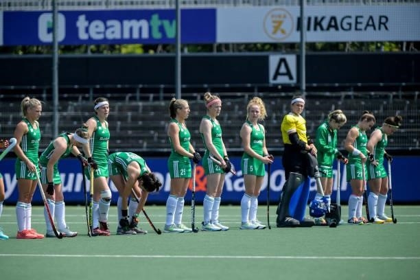 Players of Ireland lines up with her team mates during the Euro Hockey Championships match between Ireland and Spain at Wagener Stadion on June 9,...