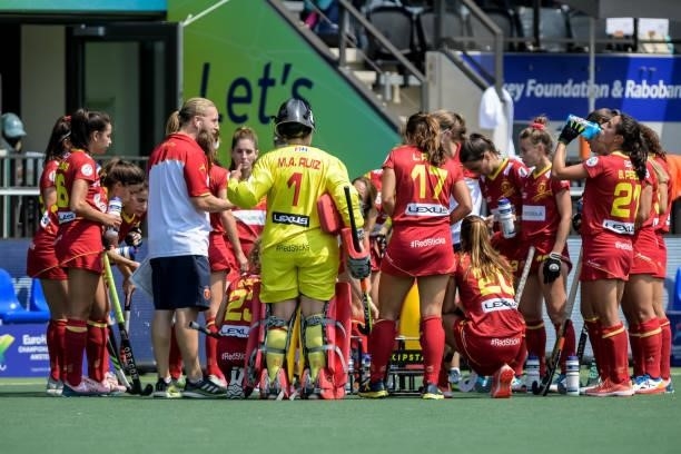 Coach Adrian Lock of Spain coaches his team during the Euro Hockey Championships match between Ireland and Spain at Wagener Stadion on June 9, 2021...
