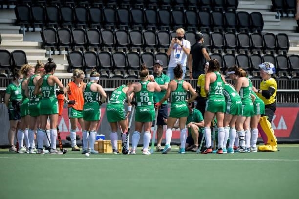 Ayeisha McFerran of Ireland listens with her team to her coach during the Euro Hockey Championships match between Ireland and Spain at Wagener...