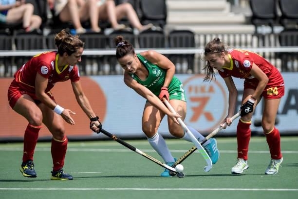 Lola Riera of Spain, Chloe Watkins of Ireland and Alejandra Torres-Quevedo of Spain during the Euro Hockey Championships match between Ireland and...