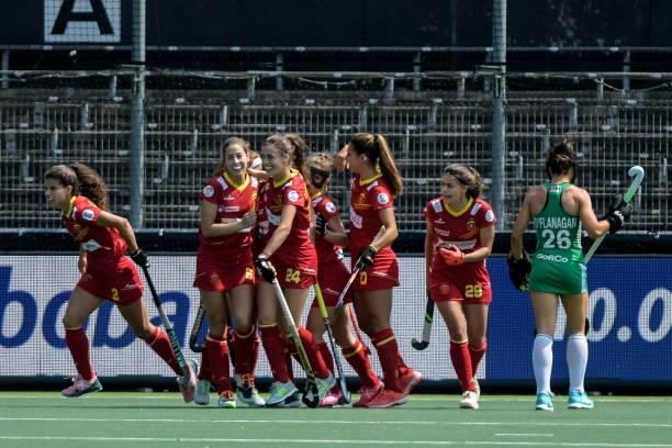 Begona Garcia celebrates after scoring her sides first goal with her team mates during the Euro Hockey Championships match between Ireland and Spain...