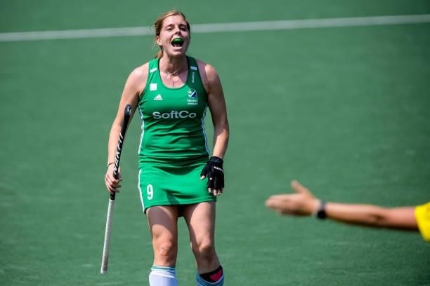 Kathryn Mullan of Ireland reacts during the Euro Hockey Championships match between Ireland and Spain at Wagener Stadion on June 9, 2021 in...