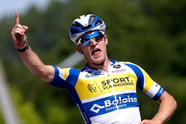 Robbe Ghys of Belgium and Team Sport Vlaanderen - Baloise stage winner celebrates at arrival during the 90th Baloise Belgium Tour 2021, Stage 1 a...