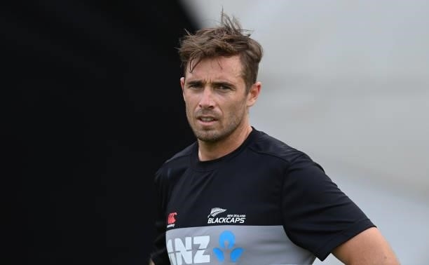 Tim Southee of New Zealand looks on during a training session before the second LV= Test between England and New Zealand at Edgbaston on June 09,...