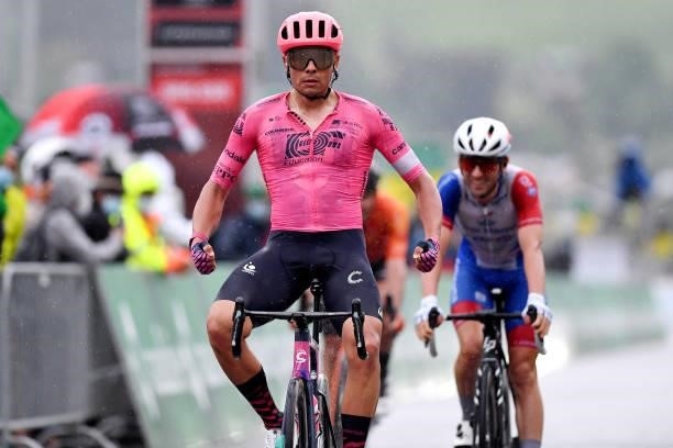 Stefan Bissegger of Switzerland and Team EF Education - Nippo celebrates at arrival during the 84th Tour de Suisse 2021, Stage 4 a 171km stage from...