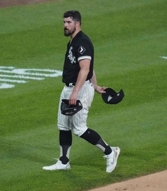 Carlos Rodon of the Chicago White Sox reacts after the fifth against the Toronto Blue Jays at Guaranteed Rate Field on June 08, 2021 in Chicago,...