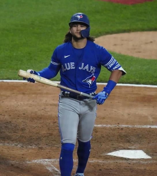 Bo Bichette of the Toronto Blue Jays reacts after striking out during the fifth inning of a game against the Chicago White Sox at Guaranteed Rate...