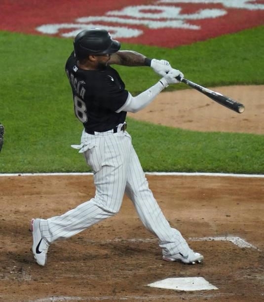 Leury Garcia of the Chicago White Sox hits a single during the fifth inning of a game against the Toronto Blue Jays at Guaranteed Rate Field on June...