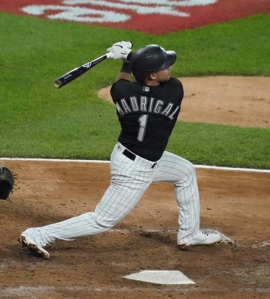 Nick Madrigal of the Chicago White Sox bats against the Toronto Blue Jays at Guaranteed Rate Field on June 08, 2021 in Chicago, Illinois.