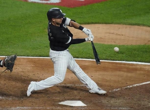 Nick Madrigal of the Chicago White Sox bats against the Toronto Blue Jays at Guaranteed Rate Field on June 08, 2021 in Chicago, Illinois.