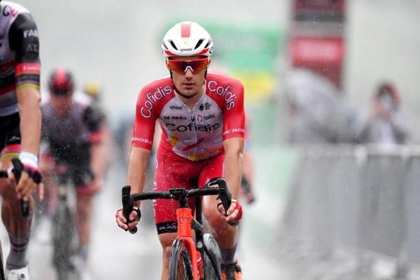 Rémy Rochas of France and Team Cofidis at arrival during the 84th Tour de Suisse 2021, Stage 4 a 171km stage from St. Urban to Gstaad 1004m / Rain /...