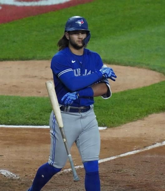 Bo Bichette of the Toronto Blue Jays walks during the seventh inning of a game against the Chicago White Sox at Guaranteed Rate Field on June 08,...