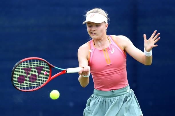 Harriet Dart of Great Britain plays a forehand against Laura Davis of United States during Day 5 of the Viking Nottingham Open at Nottingham Tennis...