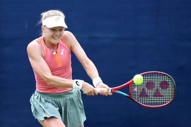 Harriet Dart of Great Britain plays a backhand against Laura Davis of United States during Day 5 of the Viking Nottingham Open at Nottingham Tennis...