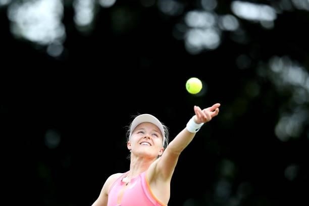 Harriet Dart of Great Britain serves against Laura Davis of United States during Day 5 of the Viking Nottingham Open at Nottingham Tennis Centre on...