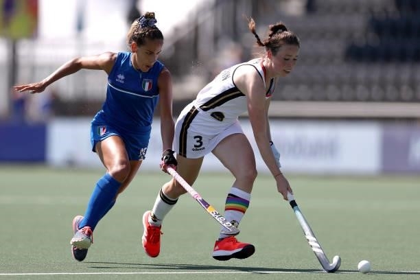 Amelie Wortmann of Germany battles for the ball with Sofia Maldonado of Italy during the Euro Hockey Championships Women match between Germany and...