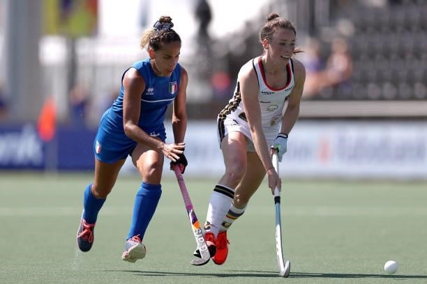Amelie Wortmann of Germany battles for the ball with Sofia Maldonado of Italy during the Euro Hockey Championships Women match between Germany and...