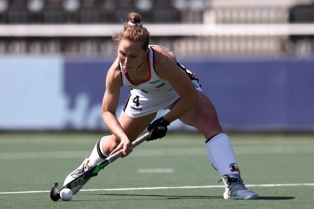 Nike Lorenz of Wales shoots on goal during the Euro Hockey Championships Women match between Germany and Italy at Wagener Stadion on June 09, 2021 in...