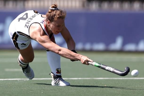 Nike Lorenz of Wales shoots on goal during the Euro Hockey Championships Women match between Germany and Italy at Wagener Stadion on June 09, 2021 in...