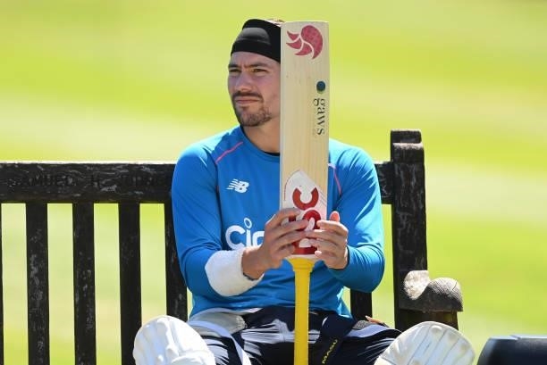 Rory Burns of England looks on during a training session before the second LV= Test between England and New Zealand at Edgbaston on June 09, 2021 in...