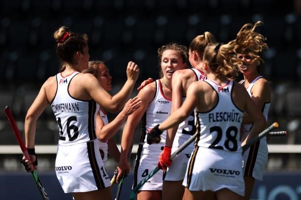 Nike Lorenz of Germany celebrates scoring a goal with team mates during the Euro Hockey Championships Women match between Germany and Italy at...
