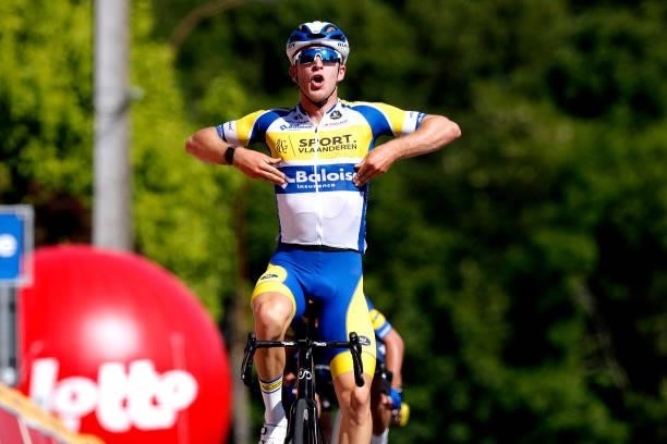 Robbe Ghys of Belgium and Team Sport Vlaanderen - Baloise stage winner celebrates at arrival during the 90th Baloise Belgium Tour 2021, Stage 1 a...