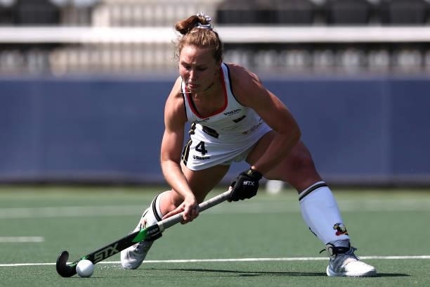 Nike Lorenz of Germany shoots on goal during the Euro Hockey Championships Women match between Germany and Italy at Wagener Stadion on June 09, 2021...