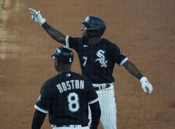 Tim Anderson of the Chicago White Sox reacts after his single during the seventh inning of a game against the Toronto Blue Jays at Guaranteed Rate...