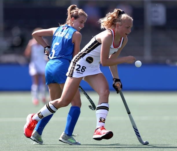 Jette Fleschuetz of Germany battles for the ball with Ailin Oviedo of Italy during the Euro Hockey Championships Women match between Germany and...