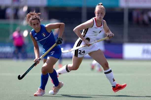 Pia Maertens of Germany battles for the ball with Sara Puglisi of Italy during the Euro Hockey Championships Women match between Germany and Italy at...