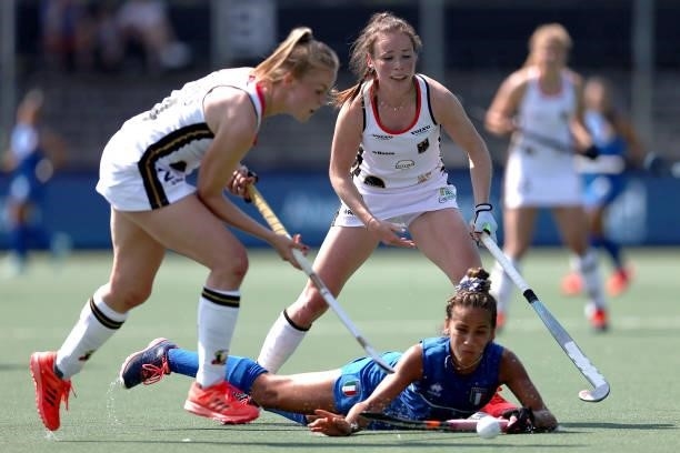 Amelie Wortmann and Pia Maertens of Germany battles for the ball with Sofia Maldonado of Italy during the Euro Hockey Championships Women match...