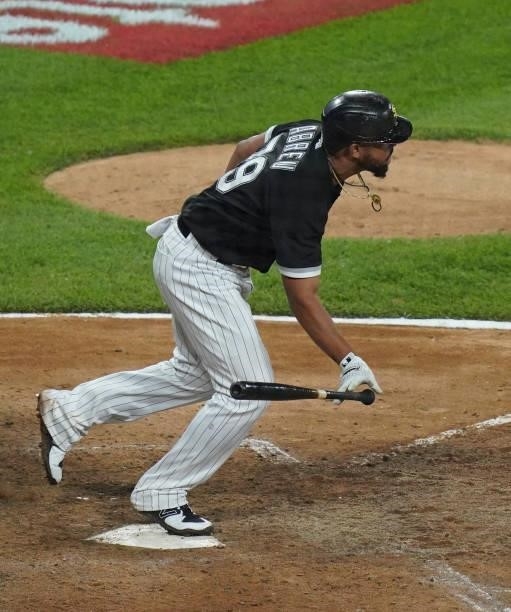 Jose Abreu of the Chicago White Sox hits a single during the eighth inning of a game against the Toronto Blue Jays at Guaranteed Rate Field on June...