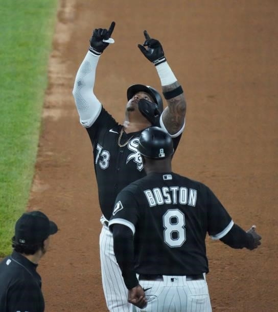 Yermin Mercedes of the Chicago White Sox reacts after his single during the eighth inning of a game against the Toronto Blue Jays at Guaranteed Rate...