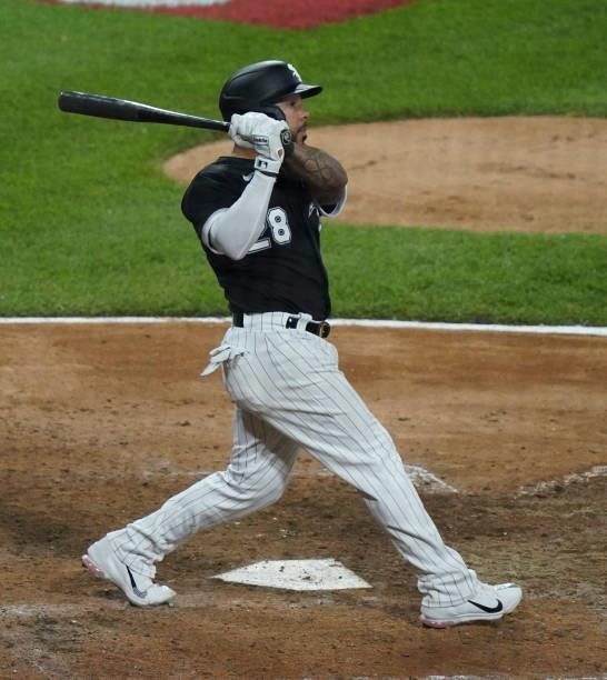 Leury Garcia of the Chicago White Sox hits a two-run triple during the eighth inning of a game against the Toronto Blue Jays at Guaranteed Rate Field...