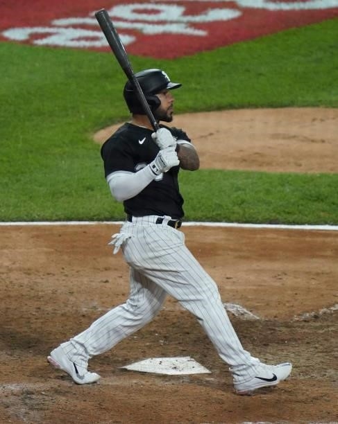 Leury Garcia of the Chicago White Sox hits a two-run triple during the eighth inning of a game against the Toronto Blue Jays at Guaranteed Rate Field...