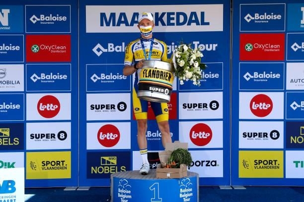 Robbe Ghys of Belgium and Team Sport Vlaanderen - Baloise stage winner celebrates at podium during the 90th Baloise Belgium Tour 2021, Stage 1 a...