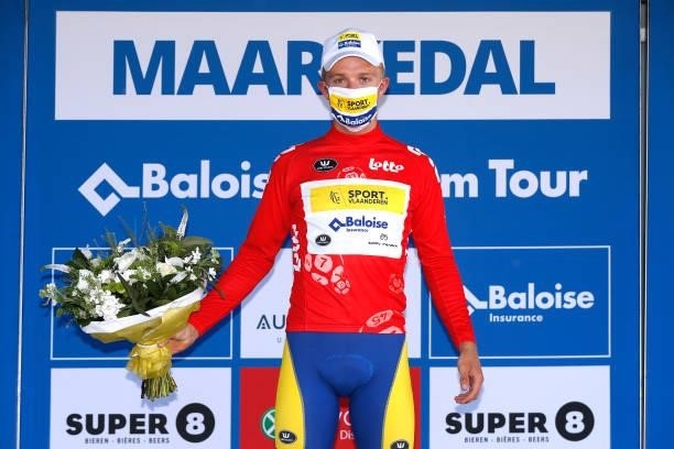 Robbe Ghys of Belgium and Team Sport Vlaanderen - Baloise stage winner Red points jersey celebrates at podium during the 90th Baloise Belgium Tour...