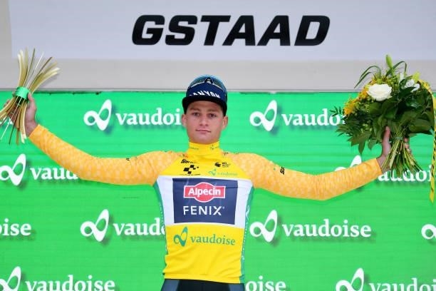 Mathieu Van Der Poel of Netherlands and Team Alpecin-Fenix yellow leader jersey celebrates at podium during the 84th Tour de Suisse 2021, Stage 4 a...