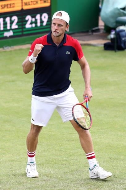 Denis Kudla of United States celebrates after victory against Liam Broady of Great Britain during Day 5 of the Viking Nottingham Open at Nottingham...