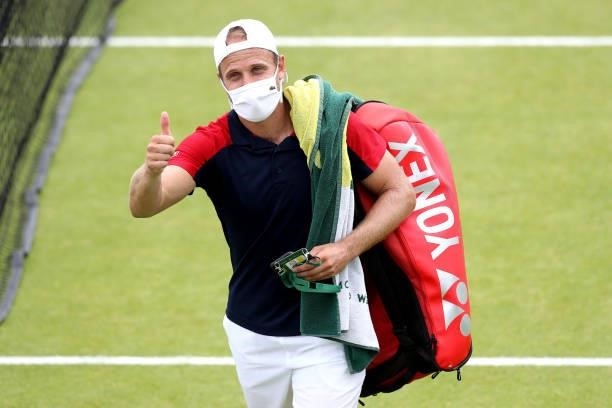 Denis Kudla of United States celebrates after victory against Liam Broady of Great Britain during Day 5 of the Viking Nottingham Open at Nottingham...