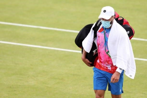 Liam Broady of Great Britain looks on as he exits the court after defeat against Denis Kudla of United States during Day 5 of the Viking Nottingham...