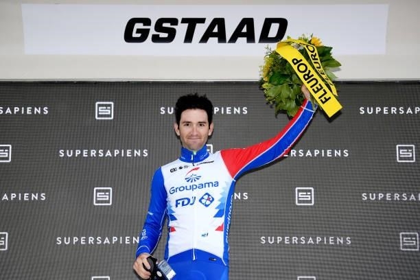 Benjamin Thomas of France and Team Groupama - FDJ Most Combative Rider celebrates at podium during the 84th Tour de Suisse 2021, Stage 4 a 171km...