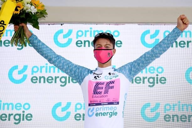 Neilson Powless of United States and Team EF Education - Nippo white best young jersey celebrates at podium during the 84th Tour de Suisse 2021,...
