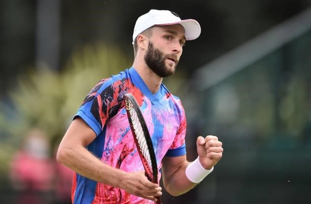 Liam Broady of Great Britain celebrates as he wins a point against Denis Kudla of United States in the Men’s Single on day five of the Viking Open at...