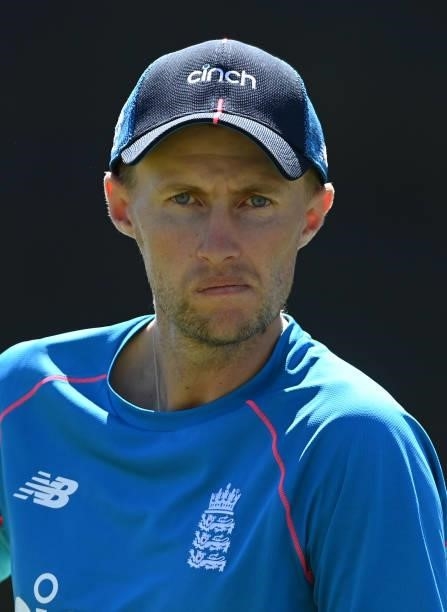 Joe Root of England looks on during a training session before the second LV= Test between England and New Zealand at Edgbaston on June 09, 2021 in...