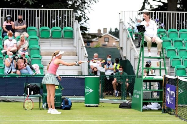 Harriet Dart of Great Britain complains to the Umpire against Laura Davis of United States during Day 5 of the Viking Nottingham Open at Nottingham...