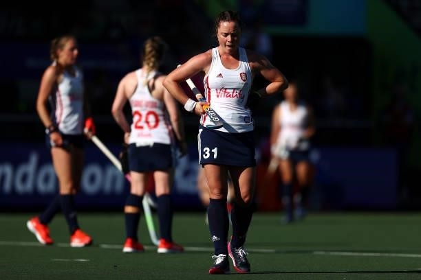 Grace Balsdon of England looks dejected after defeat in the Euro Hockey Championships Women match between Belgium and England at Wagener Stadion on...