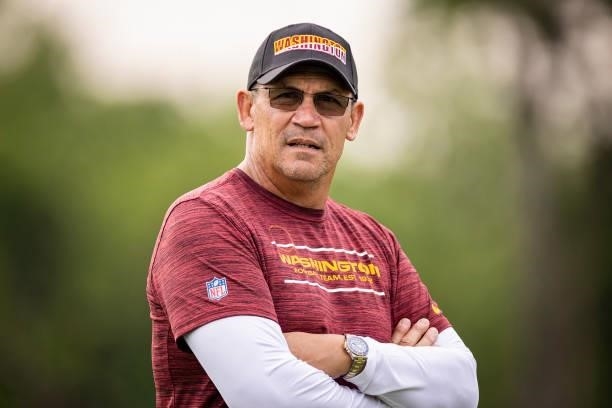 Head coach Ron Rivera of the Washington Football Team looks on during mandatory minicamp at Inova Sports Performance Center on June 9, 2021 in...