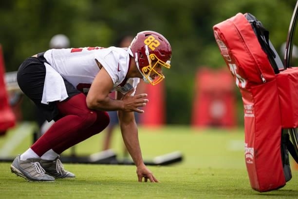 Logan Thomas of the Washington Football Team participates in a drill during mandatory minicamp at Inova Sports Performance Center on June 9, 2021 in...