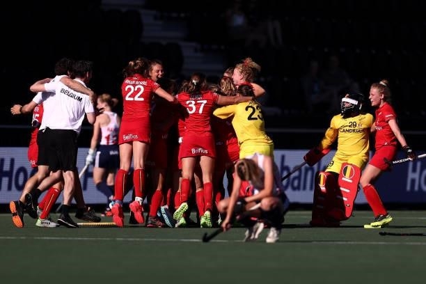 The players of Belgium celebrate victory after the Euro Hockey Championships Women match between Belgium and England at Wagener Stadion on June 09,...